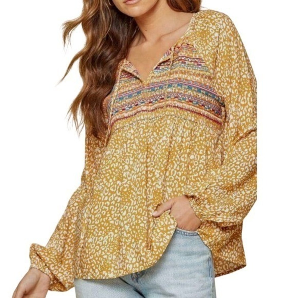 SAVANNA JANE Large Ester Marigold Leopard Aztec Embroidered Long Sleeve Tunic